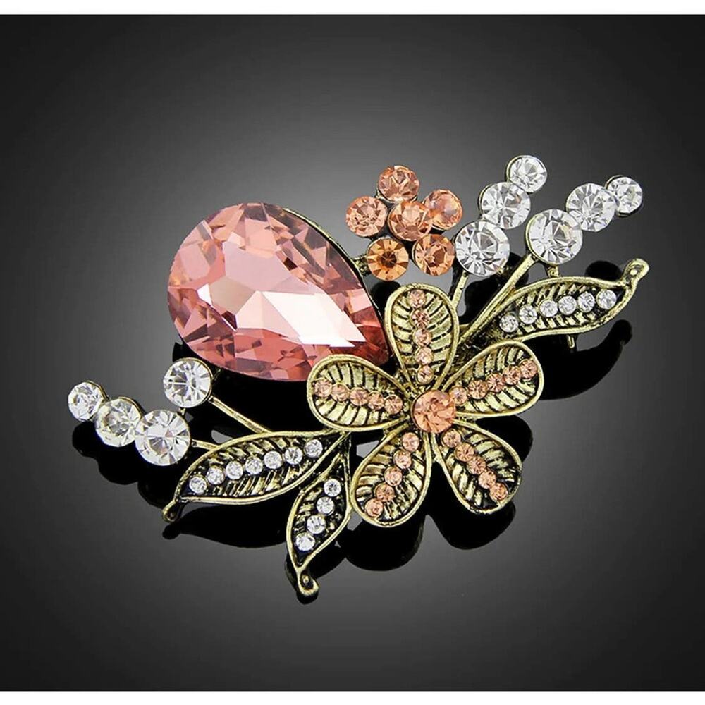 Vintage Style Retro Floral Brooch Pin Peach Clear Rhinestones